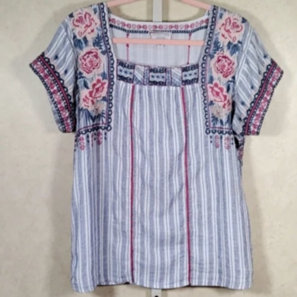 Johnny Was Workshop blue stripe floral embroidery blouse L